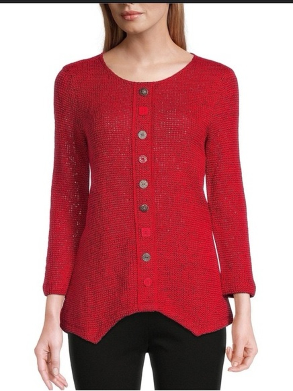 Multiples Red Textured Knit Cardigan with Decorative Buttons